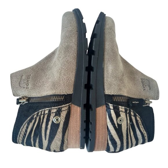 Sorel Joan Major Low Bootie Women 8 Tan Suede Zebra Stripe Pony Hair Taupe Boots - Picture 12 of 16